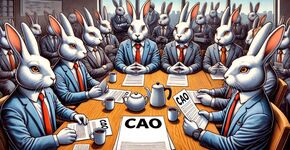 CAO onderhandelingen in stilte. Multiple rabbits dressed in businesssuites.